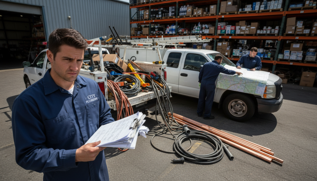 A busy plumbing company scene illustrates the challenges faced without AI technology. In the foreground, a frustrated plumber in a professional uniform stands beside a chaotic work truck, holding a clipboard filled with complex, illegible notes. In the middle ground, two team members, also in uniforms, struggle to untangle a mess of pipes while looking at an outdated map, symbolizing inefficient routing. The background features a cluttered warehouse filled with plumbing supplies, poorly organized, highlighting the lack of software solutions. The lighting is bright and harsh, casting shadows that emphasize the stress of the work environment. The composition is captured from a slightly elevated angle, instilling a sense of urgency and disarray within the plumbing operation. The overall mood conveys the struggles and challenges that plumbing companies face in their daily operations without the aid of AI technology.