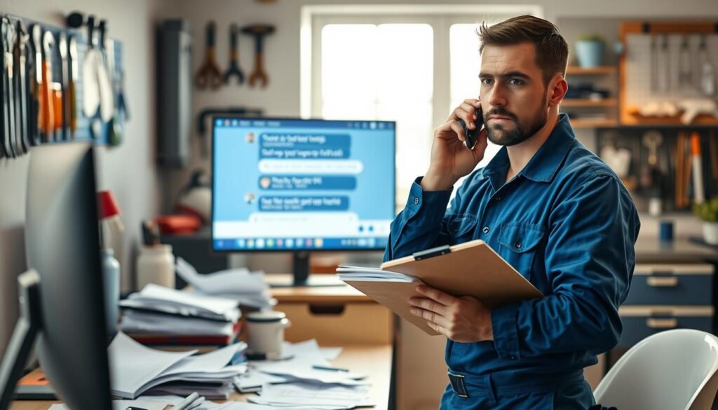 A busy plumbing service office scene capturing the essence of customer communication challenges. In the foreground, a professional plumber in a blue uniform with a clipboard looks concerned while talking on the phone, surrounded by scattered paperwork. The middle ground features a computer screen displaying a chatbot interface, highlighting challenges in communication with customers. The background shows a wall with plumbing tools neatly organized and a large window letting in warm, soft daylight, creating a welcoming atmosphere. The mood is one of urgency yet hopefulness, emphasizing the potential for improvement through AI solutions. Use a slightly blurred lens effect to focus on the plumber while keeping the environment contextually relevant.
