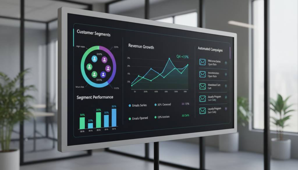 A clean digital dashboard displaying AI-driven customer segments, colorful graphs showing revenue growth, and automated email icons.