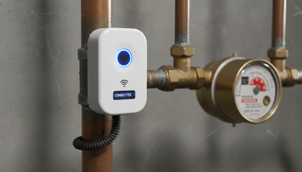 A close-up shot of a LeakBot smart leak detector attached to a water pipe near a meter, showing a sleek design and digital connectivity, professional photography.