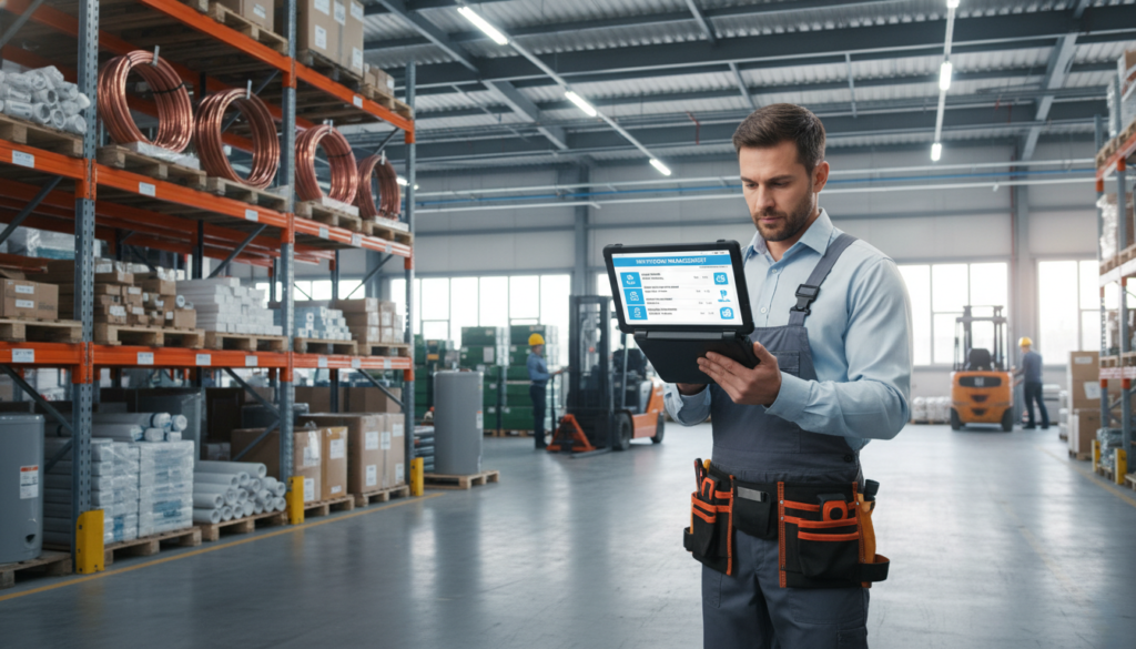 A commercial plumber in a warehouse checking a mobile app to manage inventory and job parts, industrial setting, professional lighting.