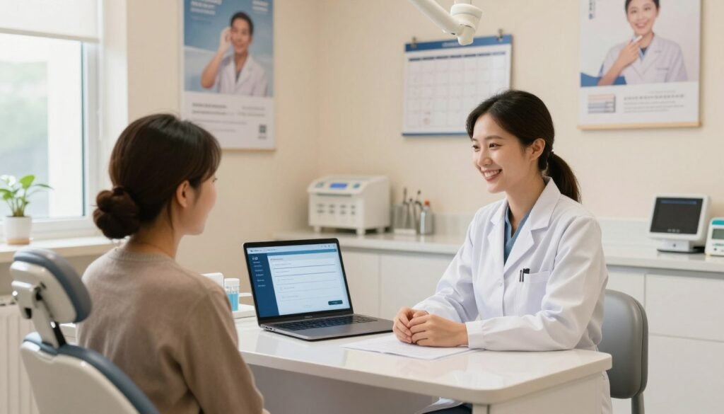 A cozy, small dental practice interior featuring a modern consultation area. In the foreground, a friendly dentist in professional attire attentively interacts with a patient at a sleek desk equipped with a laptop displaying an AI appointment scheduling interface. The middle ground showcases dental tools and a calendar on the wall, while the background features dental care posters and soft lighting that emphasizes a welcoming atmosphere. The scene is bright with warm tones, reflecting a productive and efficient environment. A window lets in natural light, highlighting the importance of technology in enhancing patient care. The image should evoke a sense of professionalism and innovation in small dental practices.