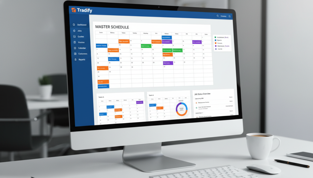 A dashboard of Tradify plumbing subcontractor management software showing a color-coded master schedule with multiple calendars merged into one view.