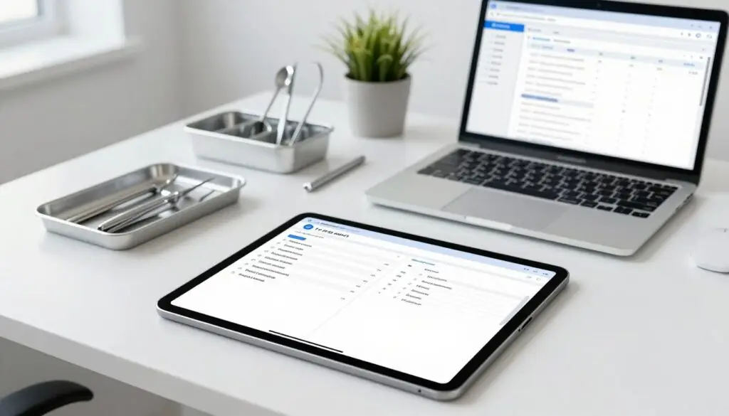 A detailed dental documentation template displayed on a modern office desk. In the foreground, a sleek tablet showing a visually appealing digital voice template, featuring clear sections for patient details, treatment plans, and notes. The middle ground includes a well-organized dental toolkit with polished instruments and a laptop with dental software open, showcasing charts and templates. In the background, a bright, clean dental office with soft white lighting that conveys professionalism and innovation, complemented by potted plants for a touch of warmth. The overall mood is optimistic and forward-thinking, emphasizing the integration of AI in dental practices. The angle is slightly above the desk level, capturing the arrangement and focus on technology.