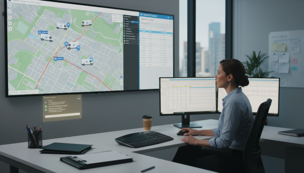 A dispatch manager in a clean office tracking a fleet of plumbing vans on a large screen with GPS maps, Service Fusion interface, professional atmosphere.