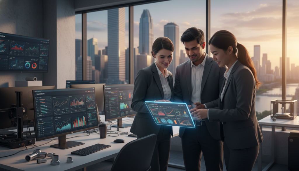 A dynamic scene depicting an AI-driven plumbing revenue optimization strategy in action. In the foreground, a diverse group of three professionals in smart business attire is engaged around a sleek, modern tablet displaying vibrant visualizations of job assignments and potential upselling opportunities. The middle ground features a contemporary plumbing office environment, with high-tech gadgets like AI software screens and futuristic plumbing tools subtly integrated. In the background, a large window offers a cityscape, symbolizing growth and opportunity. Soft, natural lighting floods the room, creating an optimistic and productive atmosphere. The overall mood is one of innovation and collaboration, highlighting the benefits of AI in plumbing management.