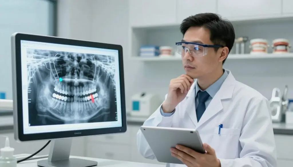 A focused dental radiograph interpretation scene in a well-lit clinic setting. In the foreground, an annotated dental X-ray displayed on a lightbox, highlighting various areas with clear, colorful markers indicating specific dental issues. In the middle ground, a professional dentist, dressed in a white lab coat and wearing safety glasses, thoughtfully studying the X-ray with a digital tablet in hand for reference. In the background, shelves filled with dental tools and models create a clinical atmosphere. Soft, diffused lighting enhances clarity and detail, while the camera angle captures the radiograph and the dentist's engaged expression, conveying a mood of professionalism and precision.