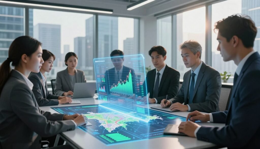 A futuristic office scene depicting AI tools for property valuation and market analysis. In the foreground, a diverse group of professionals in business attire, intently analyzing dynamic digital graphs on sleek holographic displays, showcasing real estate data trends. The middle ground features a large touchscreen table with interactive maps and statistical overlays. In the background, a modern cityscape is visible through panoramic windows, illuminated by natural light, enhancing the high-tech atmosphere. Soft blue and green lighting suggests innovation and growth, while a lens flare adds a touch of vibrancy. The overall mood conveys ambition and efficiency, highlighting the integration of advanced technology in real estate practices.
