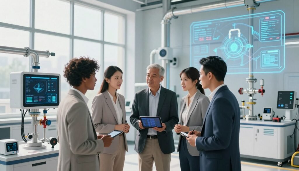 A futuristic plumbing workspace featuring advanced AI technology for leak detection and automation. In the foreground, a diverse team of professionals in smart business attire is discussing innovative plumbing tools displayed on a digital tablet. The middle ground includes high-tech plumbing equipment integrated with AI systems, showcasing analytics dashboards and scheduling interfaces. In the background, a modern plumbing facility with sleek pipelines, sensors, and a holographic display illustrating future trends in plumbing technology. Natural lighting streams through large windows, creating a bright and optimistic atmosphere. The scene conveys a sense of collaboration and forward-thinking, emphasizing the challenges and possibilities of adopting AI in plumbing.