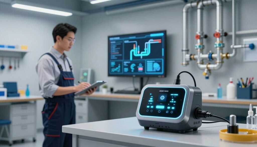 A futuristic plumbing workspace showcasing advanced smart leak detection technology. In the foreground, a sleek, high-tech leak detection device with glowing LED indicators and sensors. To the left, a plumber in professional business attire examines the device, focused and engaged. In the middle background, a digital display screen shows real-time data and diagnostics about plumbing systems, surrounded by modern pipes and water flow diagrams. The background features a clean, well-lit workshop with tools and equipment neatly organized. Soft overhead lighting creates a professional ambiance, highlighting the innovative nature of the technology. The overall mood conveys efficiency, professionalism, and precision, embodying the future of plumbing diagnostics.