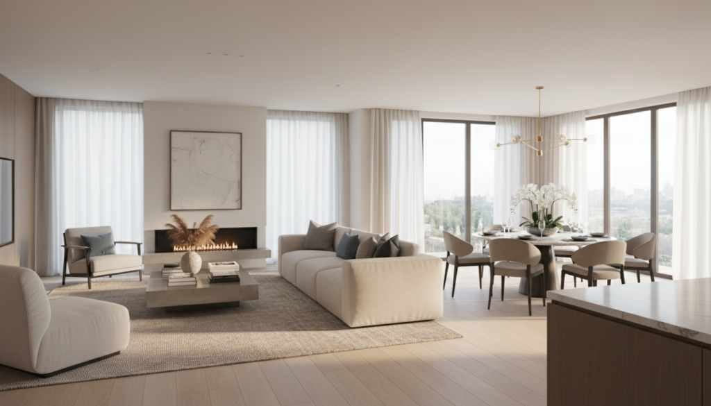 A high-end cinematic video frame of a luxury modern home interior, featuring smooth camera motion, realistic virtual staging with stylish furniture, and bright natural lighting for real estate marketing.