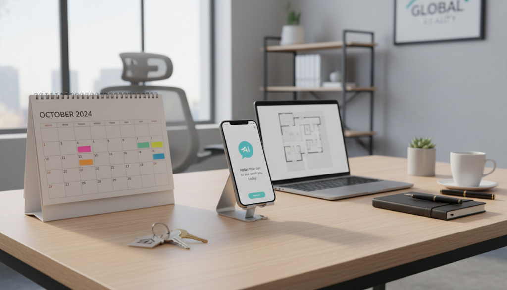 A high-quality image of a modern real estate agent's desk featuring a smartphone displaying a friendly AI chat interface, surrounded by a calendar, house keys, and a laptop in a bright professional office setting.