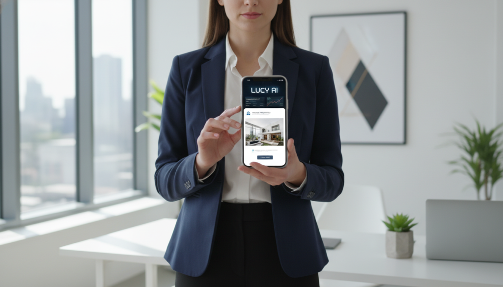 A high-quality, professional image of a real estate agent using a smartphone to interact with a sleek AI interface named Lucy, showing a generated market analysis report and a branded property website, modern office background, 4k.