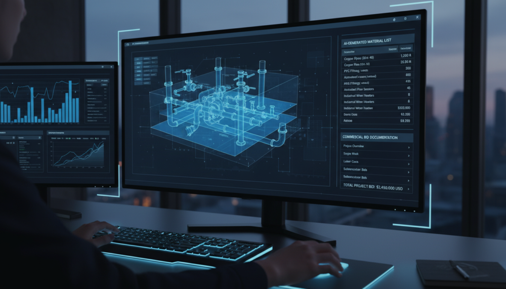 A high-tech software interface displaying complex plumbing blueprints with AI-generated material lists and detailed bid documentation for a commercial project.
