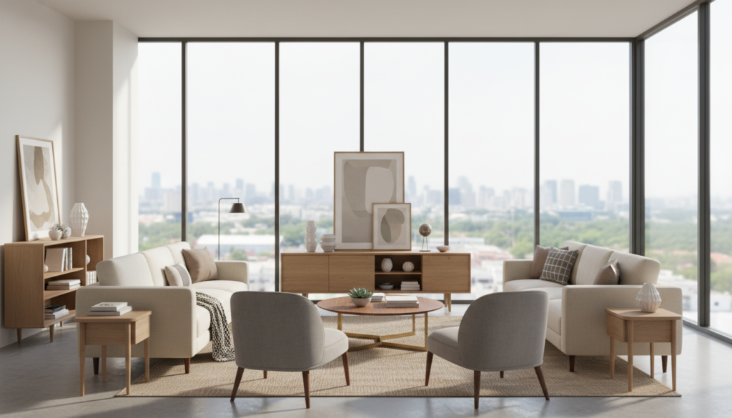 A hyper-realistic interior design photo of a modern living room virtually staged by AI, featuring stylish mid-century furniture, neutral color palettes, and large windows with natural light, high-resolution architectural photography.