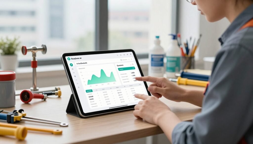 A modern AI-powered quoting platform displayed on a sleek tablet in a bright, well-organized plumbing office. In the foreground, the tablet screen shows a detailed interface with vibrant graphs and clear cost breakdowns for plumbing estimates. A professional plumber in smart casual attire is intently interacting with the device, showcasing collaboration between AI and skilled labor. In the middle background, plumbing tools and materials are neatly arranged on a workbench, emphasizing the practical side of the service industry. Soft natural lighting filters through a window, creating a welcoming atmosphere, while a blurred cityscape can be seen through the office window, depicting a thriving urban environment. The overall mood is one of innovation and efficiency in the home service realm.