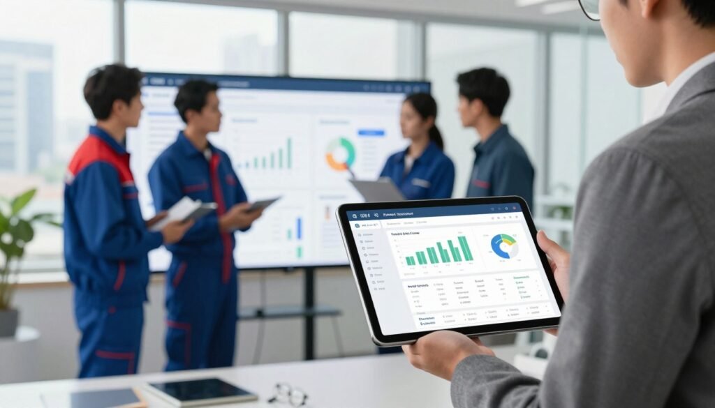 A modern CRM interface displayed on a sleek tablet held by a professional in business attire, standing in a bright, contemporary office. In the foreground, the tablet shows graphs and customer data related to field service and plumbing clients. In the middle, a diverse team of technicians in uniforms collaborates over a large digital screen highlighting sales metrics and client interactions. The background features a window with a city view, suggesting growth and professionalism. Soft, natural lighting emphasizes a productive atmosphere, while a slight focus blur gives depth to the scene. The overall mood is energetic and focused, highlighting the role of CRM in expanding a plumbing business.