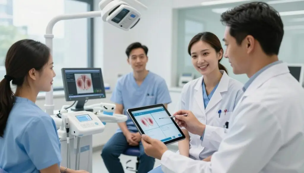 A modern dental clinic interior featuring a diverse team of dental professionals actively engaged in voice perio charting. In the foreground, a dentist in a white lab coat is holding a digital tablet, demonstrating the voice-driven software to a dental hygienist. Both are focused and smiling, dressed in professional attire. The middle ground showcases dental charts and modern equipment like digital scanners and monitors displaying periodontal data. In the background, softly lit, a large window allows natural light to creep in, giving a calm and innovative atmosphere. The overall mood is collaborative and cutting-edge, highlighting the efficiency of AI in enhancing dental practice. Capture the scene from a slightly elevated angle to encompass the team's interaction and the high-tech environment.