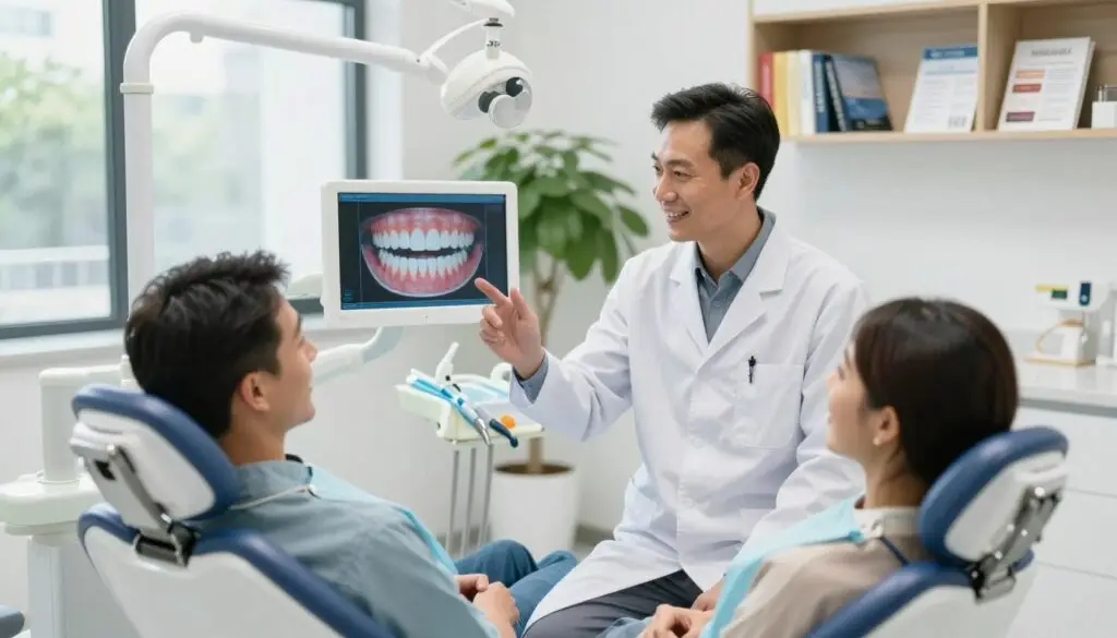 A modern dental clinic interior showcasing a professional dentist, wearing a white coat, engaged in a friendly conversation with a patient sitting in a dental chair. The foreground features the patient, smiling and looking relaxed, while the dentist gestures towards an interactive digital screen displaying dental visuals. In the middle ground, the clinic is bright and inviting, with natural light streaming through large windows, and a clean, contemporary design featuring dental tools and a greenery element for a calming atmosphere. The background includes shelves with dental books and brochures, emphasizing patient education. The overall mood is warm and approachable, highlighting effective communication in a technologically advanced setting. The angle is slightly from above, capturing both the interaction and the modernity of the space.