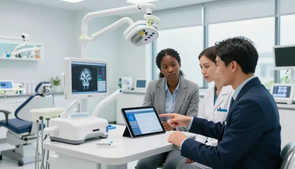 A modern dental clinic office, showcasing a meeting between dental professionals discussing implementation integration strategies. In the foreground, there’s a diverse group of three individuals in professional business attire, pointing at a digital tablet displaying healthcare software. The middle ground features a sleek dental workstation with advanced AI tools, such as diagnostic screens and 3D model displays. The background reveals a bright, well-organized clinic with dental chairs and equipment, illuminated by soft, natural light filtering through large windows. The atmosphere is collaborative and focused, emphasizing innovation and efficiency in a modern healthcare environment. The scene captures a moment of discussion and teamwork, symbolizing the integration of AI in small clinics.