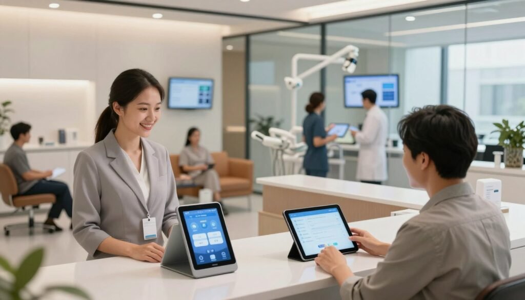 A modern dental front office bustling with activity, featuring a sleek reception desk equipped with advanced digital AI tools. In the foreground, a friendly receptionist wearing professional business attire interacts with a patient using a tablet, showcasing streamlined appointment scheduling. In the middle, a relaxed waiting area with comfortable seating includes an interactive touch-screen kiosk displaying dental services. The background reveals a glass-walled office containing dental staff discussing workflow optimization with visible screens and charts. Soft, natural lighting filters through large windows, casting a warm glow, creating a welcoming atmosphere. The scene conveys professionalism and the integration of technology to enhance patient experience in a contemporary dental practice.