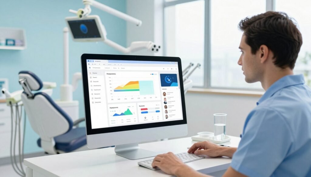 A modern dental office featuring advanced AI marketing tools for local dentists. In the foreground, a sleek desktop computer displays various marketing software interfaces, showcasing colorful graphs, patient engagement tools, and social media analytics. A dental professional, dressed in professional attire, is seen attentively analyzing the data, radiating focus and determination. The middle ground features a contemporary dental environment with dental chairs, light blue walls, and modern dental equipment, enhancing the tech-savvy vibe. In the background, large windows allow natural light to flood the space, creating a bright and inviting atmosphere. The overall mood is one of innovation and professionalism, emphasizing the role of AI in revolutionizing dental marketing practices. The image should be well-lit, capturing vivid colors and sharp details.