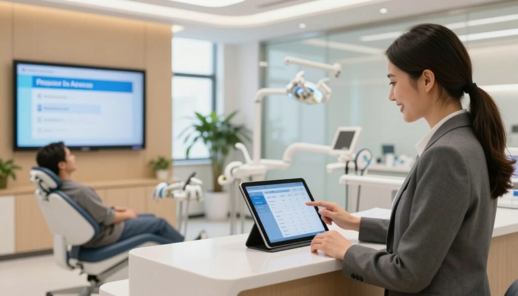 A modern dental office interior, showcasing a sleek reception area with a warm and inviting ambiance. In the foreground, a smiling dental receptionist, dressed in professional business attire, interacts with a digital scheduling system on a tablet, highlighting the use of AI in appointment management. In the middle ground, patients await their appointments in comfortable chairs, while a large screen displays a friendly reminder about upcoming appointments, emphasizing the theme of reducing no-shows. The background features bright, natural lighting streaming through large windows, adorned with plants to create a calming atmosphere. A soft focus on the dental treatment rooms can be seen in the distance, suggesting a seamless connection between technology and patient care. The overall mood is efficient, welcoming, and modern, reflecting a commitment to improving practice productivity.