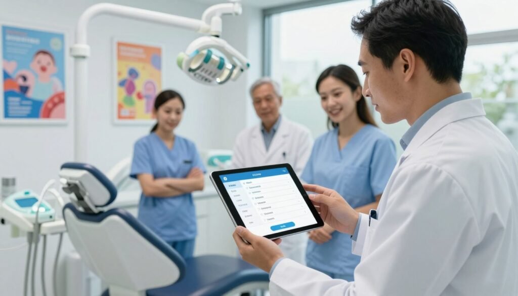 A modern dental office scene focusing on a smart, user-friendly communication tool interface displayed on a sleek tablet held by a diverse group of dental professionals. In the foreground, a dentist in a white coat and a dental hygienist in business casual attire engage in a discussion, examining the tablet together, showcasing key AI features like scheduling and patient messaging. In the middle background, an advanced dental chair and colorful dental posters create an inviting atmosphere. Soft, natural light streams through a large window, highlighting the friendly, collaborative mood. The environment emphasizes professionalism and innovation, reflecting the cutting-edge nature of dental patient communication tools.