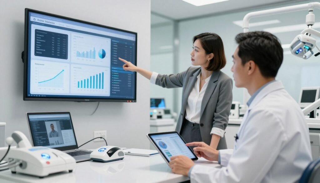 A modern dental office with a sleek design, featuring a dentist and a marketing specialist engaging in a discussion. In the foreground, the dentist, wearing professional attire, is reviewing data on a tablet, while the marketing specialist, dressed in smart casual clothing, points to visual graphs displayed on a large screen. In the middle ground, dental marketing tools and AI software are illustrated, including charts and algorithms visible on screens. The background shows a bright, welcoming reception area with dental equipment subtly integrated. Use soft, natural lighting to create an inviting and professional atmosphere, capturing the innovative essence of AI in guiding dental marketing strategies. Wide-angle perspective with a depth-of-field blur enhances focus on the professionals' interaction.