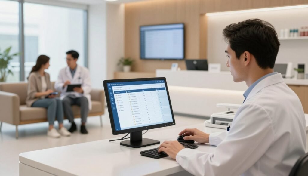 A modern dental practice scene showcasing the integration of AI within practice management systems. In the foreground, a dentist in professional attire is interacting with a sleek digital dashboard displaying scheduling software and patient data, illuminated by soft, ambient lighting. In the middle ground, there's a reception area featuring a comfortable waiting space, with a digital appointment display screen, and a friendly dental assistant helping a patient using a tablet. In the background, large windows allow natural light to flood in, creating a warm and welcoming atmosphere. The image should emphasize a harmonious blend of technology and healthcare, capturing a progressive dental practice enhanced by AI-driven appointment scheduling solutions. The angle is slightly elevated, capturing the full interaction within the clinic while maintaining a professional and inviting mood.