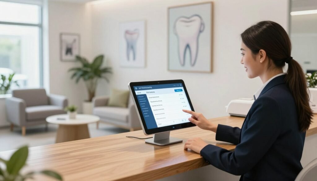 A modern dental reception area featuring a sleek, AI-powered digital interface on a polished wooden desk. In the foreground, a friendly receptionist, dressed in professional business attire, interacts with an advanced touchscreen device, scheduling appointments seamlessly. The middle ground showcases a comfortable waiting area with stylish furniture, potted plants, and dental-themed art on the walls, evoking a welcoming atmosphere. In the background, large windows allow natural light to flood the space, highlighting the clean, contemporary design. The mood is bright and efficient, with a focus on advanced technology and customer care. The scene captures the essence of 24/7 online booking and AI integration in a dental practice, with an emphasis on professionalism and accessibility.