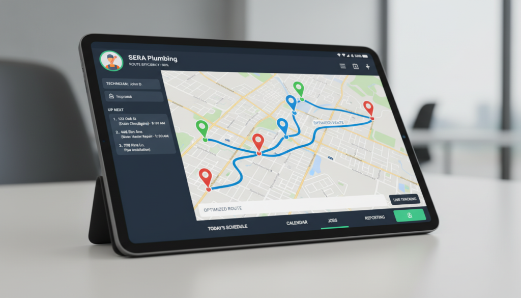 A modern digital interface of Sera plumbing scheduling software on a tablet, showing a technician's optimized route and a live map with job pins.
