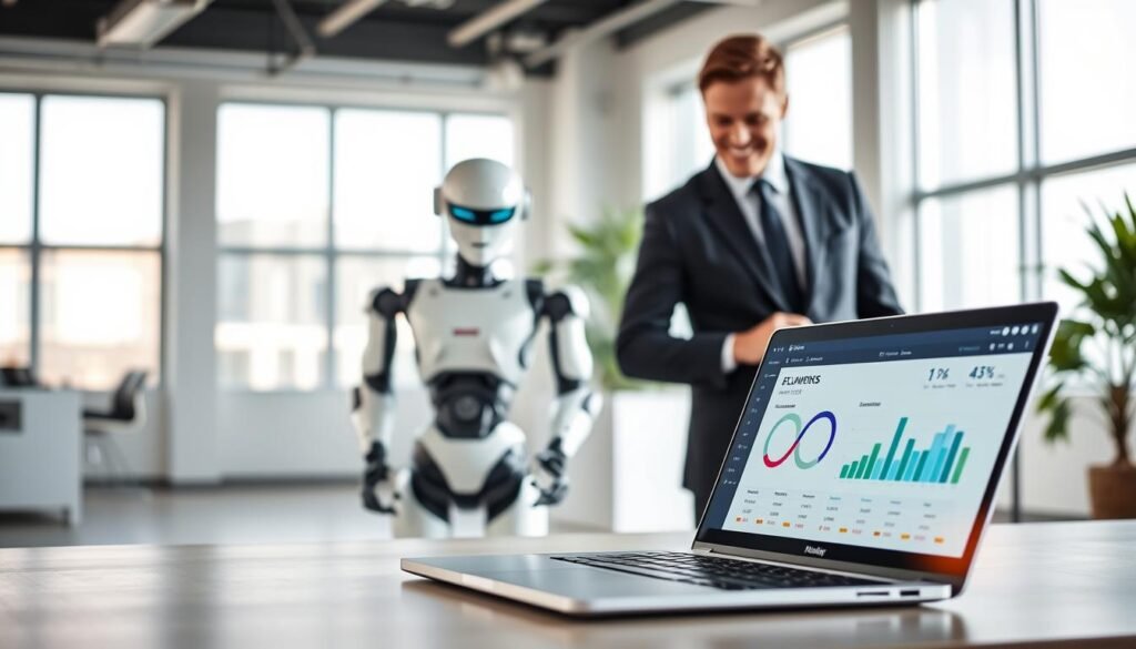 A modern digital workspace showcasing AI-driven plumbing lead conversion. In the foreground, a sleek laptop displays a user-friendly dashboard filled with colorful graphs and metrics indicating successful lead conversions. To the side, a professional businessperson in smart attire focuses on the screen, their expression one of satisfaction and concentration. In the middle ground, a futuristic robotic assistant is interacting with plumbing tools, symbolizing the automation of processes. The background features a bright and airy office space, with large windows allowing for natural sunlight to flood in, creating an optimistic and vibrant atmosphere. The scene captures a blend of technology and professionalism, emphasizing innovation in plumbing through AI solutions. The angle is slightly elevated, giving a dynamic perspective of the workspace.