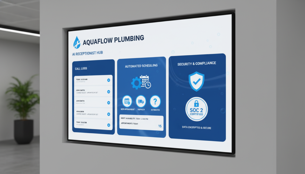 A modern, high-tech interface of an AI receptionist software for a plumbing company, showing call logs, automated scheduling icons, and a secure SOC 2 lock badge, clean professional design, blue and white color palette.
