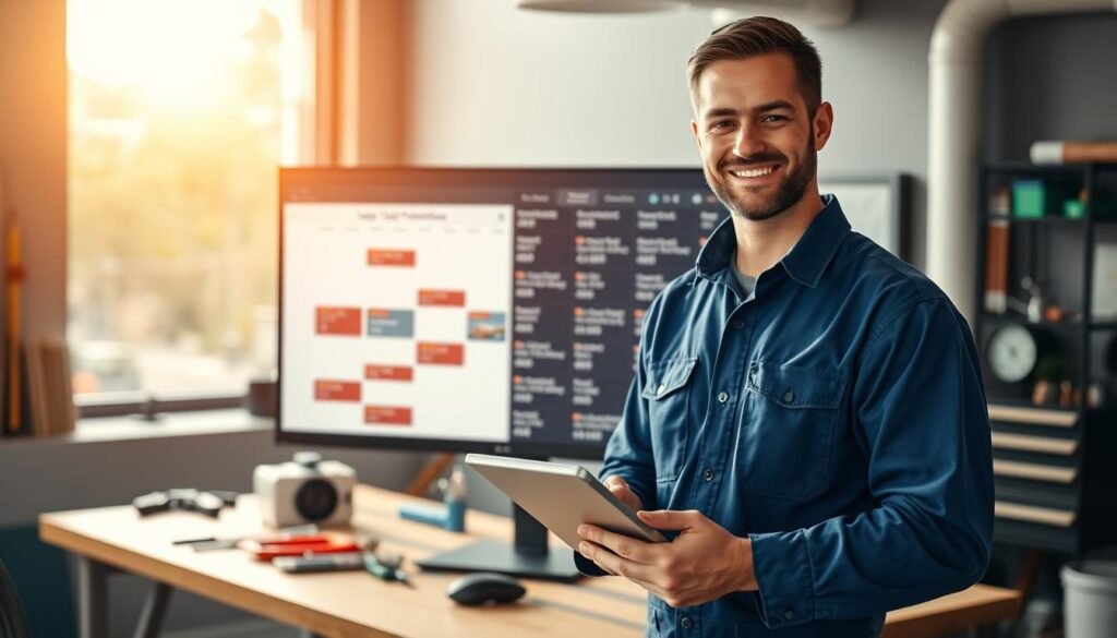 A modern office environment focused on automating job bookings and confirmations for plumbing services. In the foreground, a confident, professional plumber in a blue uniform is using a tablet, looking satisfied with the booking process. In the middle, a sleek computer monitor shows a digital calendar filled with confirmed job appointments and automated notifications. The background features an organized workspace with plumbing tools neatly arranged, and a large window allowing natural light to flood in, creating an inviting atmosphere. Soft shadows and warm lighting enhance the professionalism of the scene, while a slight depth of field effect directs attention to the vibrant display of technology. The overall mood conveys efficiency and innovation in the plumbing business.