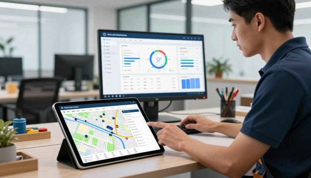 A modern office environment focused on fleet and time tracking for plumbing services. In the foreground, a sleek digital tablet displays a vibrant map with real-time vehicle locations and time logs, while a professional-looking plumber, dressed in a smart polo and work pants, intently reviews data on the screen. The middle ground features a large monitor showcasing analytics, graphs, and fleet overviews, all illuminated by soft, natural lighting coming from large windows. In the background, a stylish office space with organized tools and equipment emphasizes efficiency and innovation. The overall atmosphere is one of professionalism and high-tech efficiency, capturing the essence of how AI tools can streamline operations for plumbing fleets.