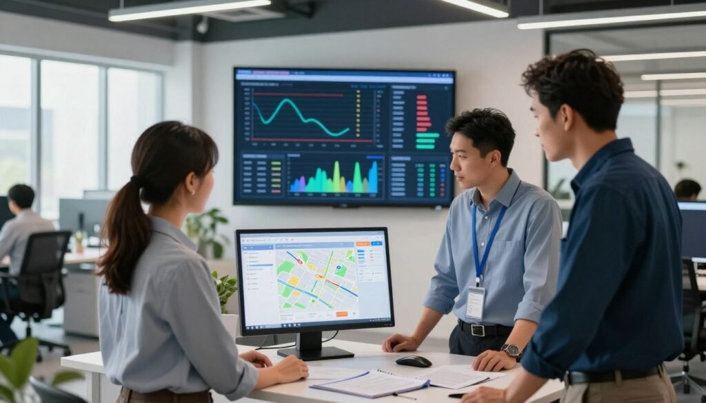 A modern office environment focusing on optimizing scheduling and dispatch for technicians. In the foreground, a diverse group of three professionals, one woman and two men, are gathered around a high-tech touchscreen interface displaying real-time scheduling data and maps. The middle ground features a large digital wall monitor with colorful graphs and analytics related to technician dispatch efficiency. In the background, a contemporary office setting with large windows letting in natural light, creating a bright atmosphere. Use a wide-angle lens to capture the scene, with balanced lighting to highlight the interaction between team members. The overall mood is productive and innovative, showcasing teamwork and advanced technology in action.