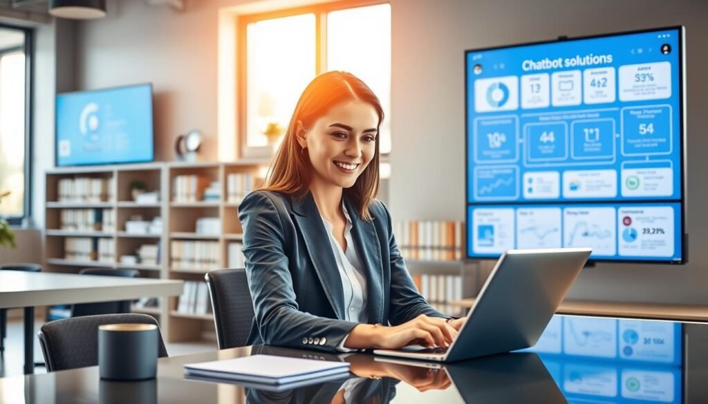 A modern office environment with a focus on a professional setting. In the foreground, a well-dressed woman in business attire is sitting at a sleek desk, interacting with a digital device displaying a chatbot interface. Her expression is concentrated yet optimistic. In the middle ground, various charts and flow diagrams related to chatbot solutions are neatly displayed on a large screen, highlighting analytics and performance metrics. Behind her, a bookshelf filled with plumbing manuals and AI technology books adds depth. The lighting is bright and inviting, with natural sunlight streaming in through large windows, creating a warm and productive atmosphere. The overall mood is innovative and forward-thinking, emphasizing the theme of selecting the best AI chatbot for plumbing services.