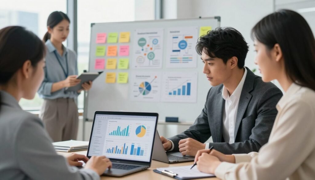 A modern office setting filled with professionals analyzing data on digital marketing strategies specifically for plumbing companies. In the foreground, a diverse group of two business people (a man in a tailored suit and a woman in smart casual attire) focused on a laptop displaying graphs and performance metrics. In the middle, a whiteboard covered with colorful sticky notes and diagrams illustrating lead generation ideas and marketing optimization techniques. The background shows a window with an urban skyline, letting in soft, natural light that creates a bright and inspiring atmosphere. The overall mood is collaborative and professional, emphasizing the importance of data-driven decision-making in marketing. The image should be captured with a slight depth of field to highlight the foreground details.
