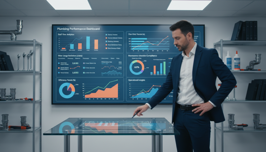 A modern office space showcasing a large digital dashboard displaying plumbing performance analytics data. In the foreground, a professional individual in smart business attire, analyzing the data on a touchscreen interface, pointing out key insights. In the middle, the dashboard is filled with colorful graphs, bar charts, and line charts showing trends in plumbing efficiency, water usage, and maintenance schedules. The background features shelves with plumbing tools and industry books, adding context. The lighting is bright and inviting, creating a focused atmosphere ideal for decision-making. The overall mood is one of innovation and professionalism, highlighting the importance of data-driven insights in enhancing plumbing operations.