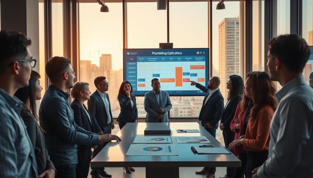 A modern office space with a large digital wall monitor showcasing a scheduling system interface for optimization during peak and off-peak times. In the foreground, a diverse team of professionals in business attire is engaged in a discussion, pointing at the screen with expressions of focus and determination. The middle area features a sleek desk with charts and graphs related to scheduling efficiency, illuminated by warm, natural light streaming in through large windows. The background displays a soft-focus view of an urban setting with residential and commercial buildings, symbolizing the plumbers' reach. The mood is collaborative and innovative, reflecting a high-tech approach to business management. Shot with a wide-angle lens to capture the dynamic environment, creating a sense of inclusivity and teamwork.