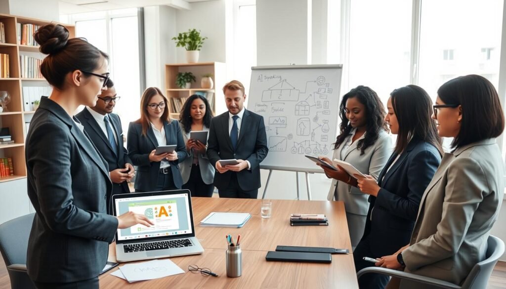A modern office training session where a diverse group of professionals, dressed in smart business attire, are engaged with AI support tools. In the foreground, a female trainer highlights features of a laptop displaying an AI booking interface, while the attentive staff members, consisting of both men and women, take notes and interact with tablets. In the middle ground, a whiteboard covered in diagrams and AI concept sketches adds depth. Bright, natural lighting streams through large windows, creating an open and inviting atmosphere. The background features shelves filled with books and plants, reinforcing a sense of a well-organized workspace. The overall mood is collaborative and focused, emphasizing empowerment through technology.
