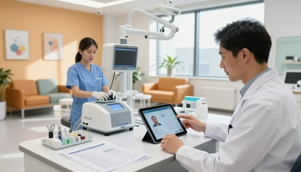 A modern orthodontic clinic interior with a focus on optimizing clinical workflows. In the foreground, a professional orthodontist in a white coat reviews digital patient files on a sleek tablet at a high-tech workstation. In the middle ground, a dental assistant prepares advanced imaging equipment, surrounded by organized charts and tools highlighting efficiency. The background features a bright, airy waiting area with comfortable seating and calming artwork, emphasizing a welcoming atmosphere. Soft, natural light streams in through large windows, casting gentle shadows, while a wide-angle lens captures the vibrant colors of the clinic. The overall mood is one of professionalism, innovation, and streamlined practice management, illustrating the integration of AI tools in orthodontic treatment planning.