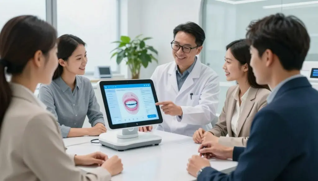 A modern orthodontic clinic scene, showcasing patient engagement through AI technology. In the foreground, a diverse group of patients, dressed in professional business attire, interact with an interactive digital interface displaying treatment plans and progress animations. The middle-ground features an orthodontist, wearing a white coat and glasses, guiding a patient, demonstrating a friendly and supportive demeanor. The background reveals a sleek clinic environment with bright, natural lighting and healthy green plants, creating a welcoming atmosphere. The camera angle is slightly elevated, capturing both the interaction and the advanced technology in focus. This image should convey a sense of innovation, trust, and warmth in patient care through orthodontics.