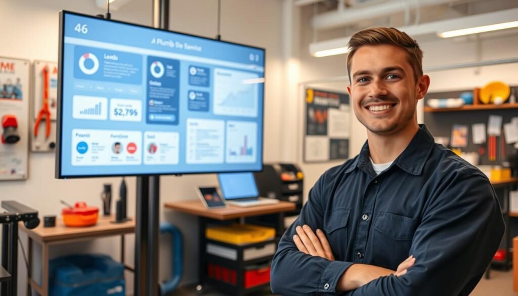 A modern plumbing business office scene showcasing key features and benefits of an AI customer service chatbot. In the foreground, a friendly, professional plumber wearing a neatly pressed uniform interacts with a large digital screen displaying chatbot interfaces and analytics. The middle ground features visual elements representing leads, such as email notifications and appointment schedules. In the background, a well-organized office with plumbing tools and promotional materials highlights technological innovation. The lighting is bright and inviting, creating a motivational atmosphere. Use a wide-angle perspective to capture the entire scene, emphasizing a sense of progress and efficiency while ensuring a clean, polished look.