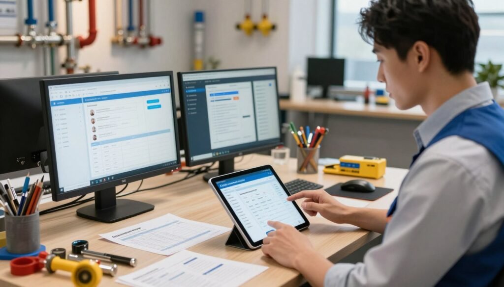 A modern plumbing business office scene showcasing the integration of AI technology. In the foreground, a professional plumber in business attire is engaged with a sleek tablet, analyzing an AI-driven scheduling app, surrounded by plumbing tools. The middle layer features a vibrant, organized desk with invoices and customer service brochures, along with a digital display monitor showing analytics and chatbot interactions. The background displays a well-lit workshop with pipes and plumbing materials, emphasizing a blend of traditional plumbing and modern technology. Soft, warm lighting creates an inviting atmosphere, while the angle captures the entire scene, suggesting a seamless workflow enhanced by AI. This image conveys professionalism, innovation, and efficiency in the plumbing industry.