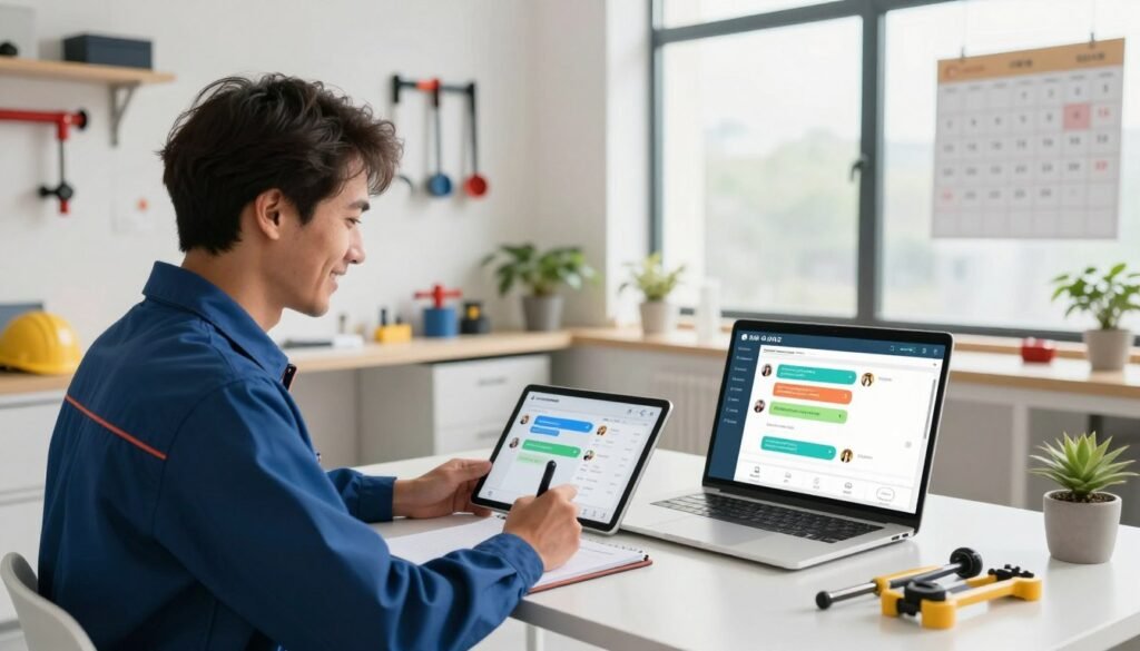 A modern plumbing office environment focusing on customer communication and intake. In the foreground, a friendly plumber in professional attire is engaged in a video call with a customer, showing keen attentiveness while taking notes on a digital tablet. In the middle ground, a sleek desk with a laptop open to a user-friendly customer management app displays vibrant graphics of chat messages and customer data. The background features a bright, well-organized office space with plumbing tools artfully arranged and a calendar showcasing appointments. Soft, natural lighting streams through large windows, creating a warm and inviting atmosphere. The mood is professional yet approachable, highlighting the importance of effective communication in service delivery. Use a wide-angle lens to capture the overall essence of the scene.