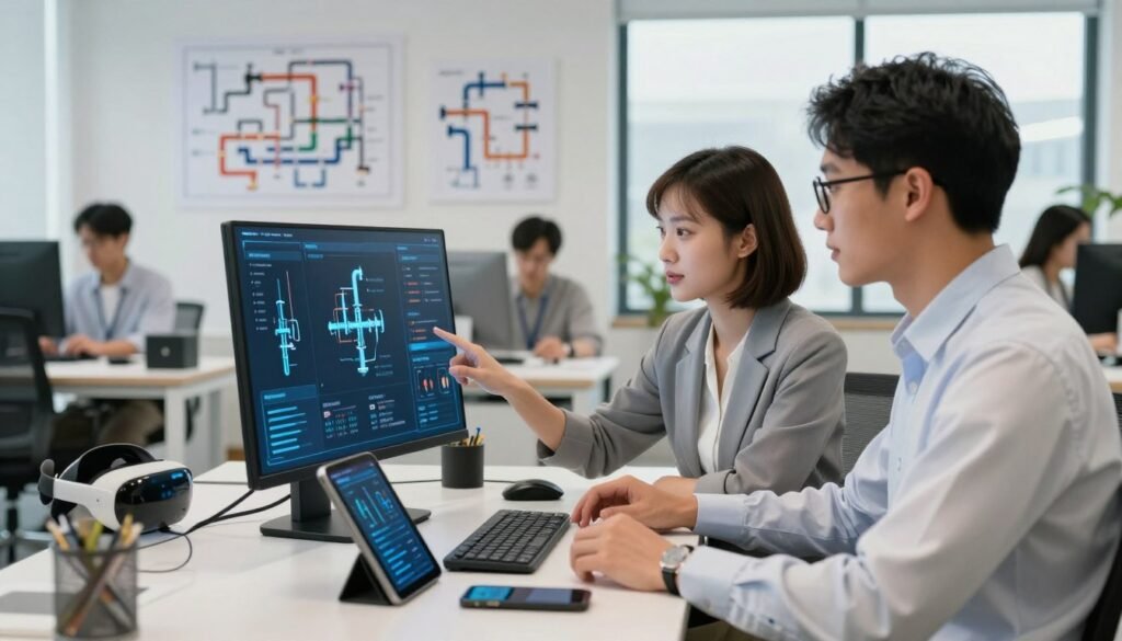 A modern plumbing office scene showcasing AI-powered customer service. Foreground: a diverse team of two professionals, one a woman with short hair wearing a smart business outfit, and the other a man with glasses in a neatly pressed shirt, both attentively interacting with a sleek, futuristic AI interface on a digital screen, analyzing plumbing data. Middle ground: a modern desk filled with advanced tools like a tablet, augmented reality headset, and a smartphone buzzing with notifications. Background: a well-organized office with plumbing diagrams and flowcharts on the walls, exuding a collaborative atmosphere. Soft, natural lighting from large windows creates a welcoming environment, with a slightly blurred depth of field to emphasize the professionals interacting with the technology. The mood is innovative and efficient, encapsulating the essence of enhanced customer interaction through AI.