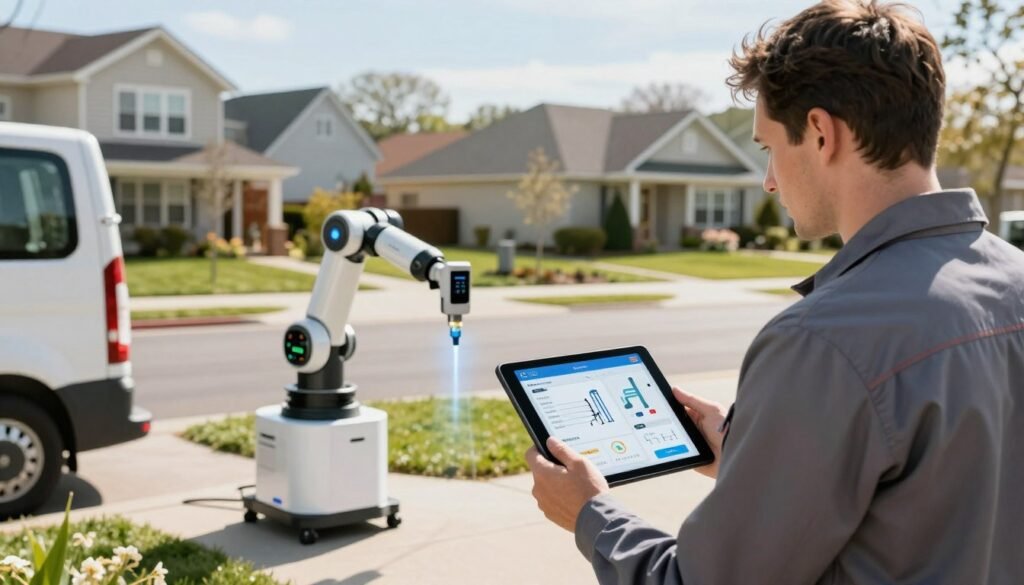 A modern plumbing van parked in a suburban neighborhood, showcasing advanced AI tools integrated into daily operations. In the foreground, a plumber in professional attire, holding a tablet displaying plumbing diagnostics, closely examines a digital interface showing real-time data and analysis. In the middle ground, a robotic assistant is engaged in locating a leak with precision, while smart technology monitors the work environment. The background features a sunny day with houses and blooming gardens, enhancing the atmosphere of innovation and efficiency. Soft, natural lighting enhances the colors, giving a sense of optimism and progress. The angle captures both the plumber and the AI tools effectively, illustrating the transformative role of technology in plumbing.