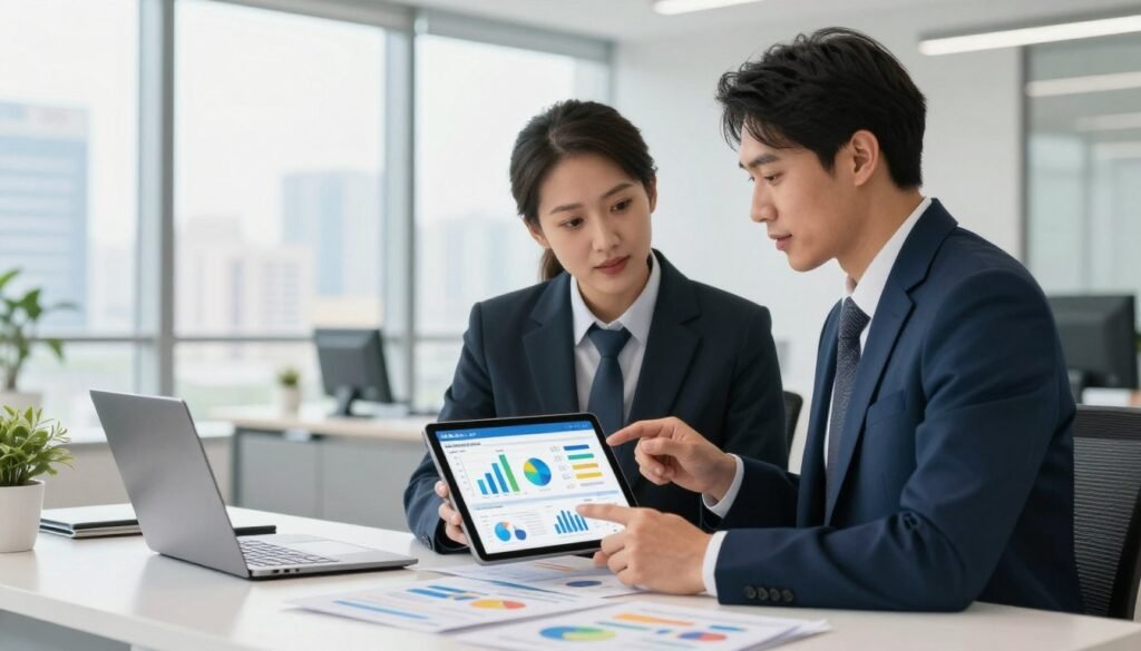 A modern real estate office environment featuring two professional real estate agents engaged in a discussion. In the foreground, a male agent in a tailored navy suit and a female agent in a chic business dress are reviewing a tablet together, showcasing vibrant charts and data. The agents' expressions are focused and collaborative, highlighting their use of AI-enhanced CRM systems. In the middle ground, a sleek desk with a laptop and real estate brochures is visible. The background features large windows with a cityscape view, allowing natural light to floods the room. The lighting is bright and inviting, creating a productive atmosphere. The overall mood is energetic and innovative, reflecting the cutting-edge technology in the real estate industry.